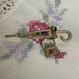 Vintage 1940s Embroidered Umbrella Brooch Dangle Handbag Gold Tone